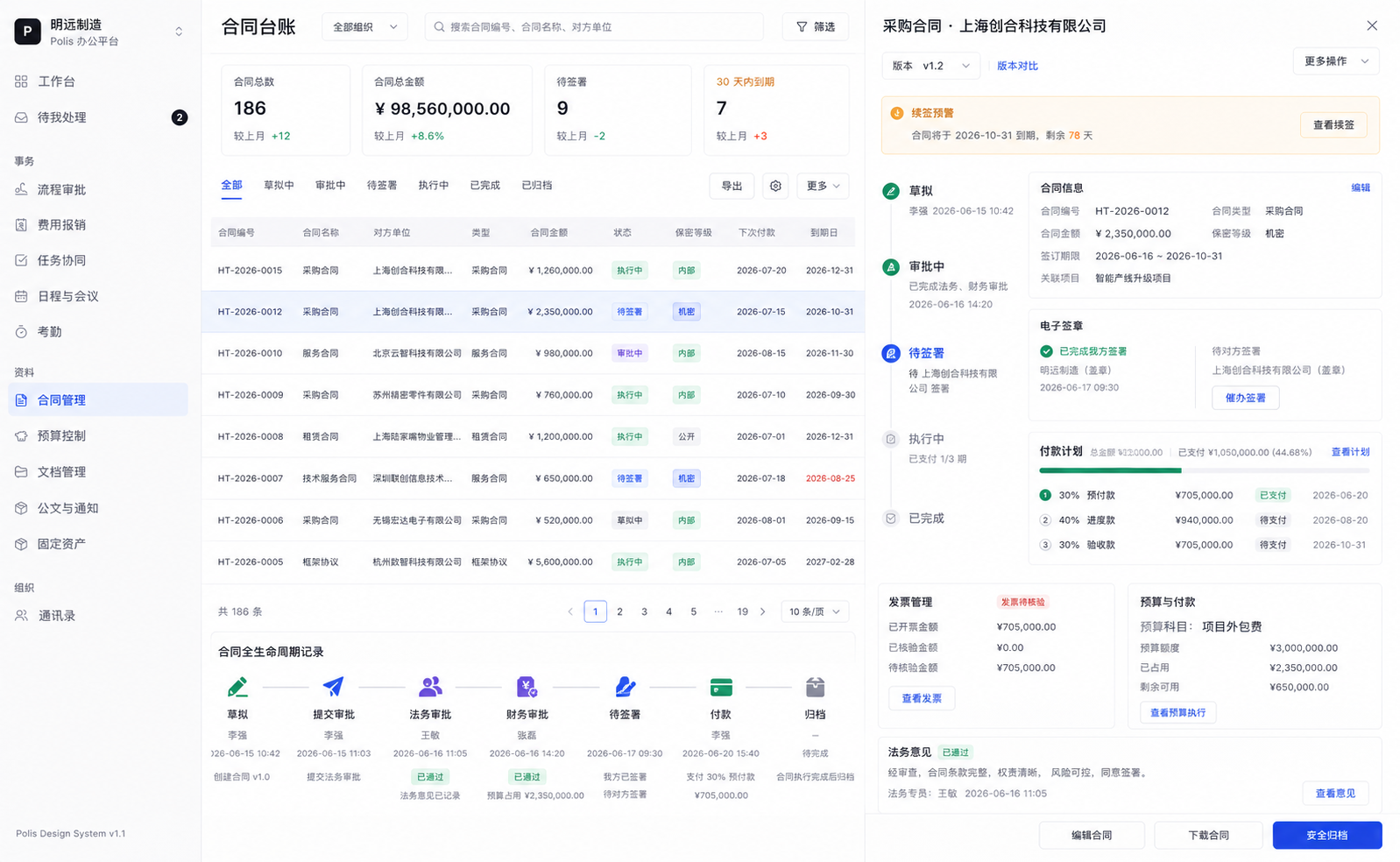 Polis 合同台账界面
